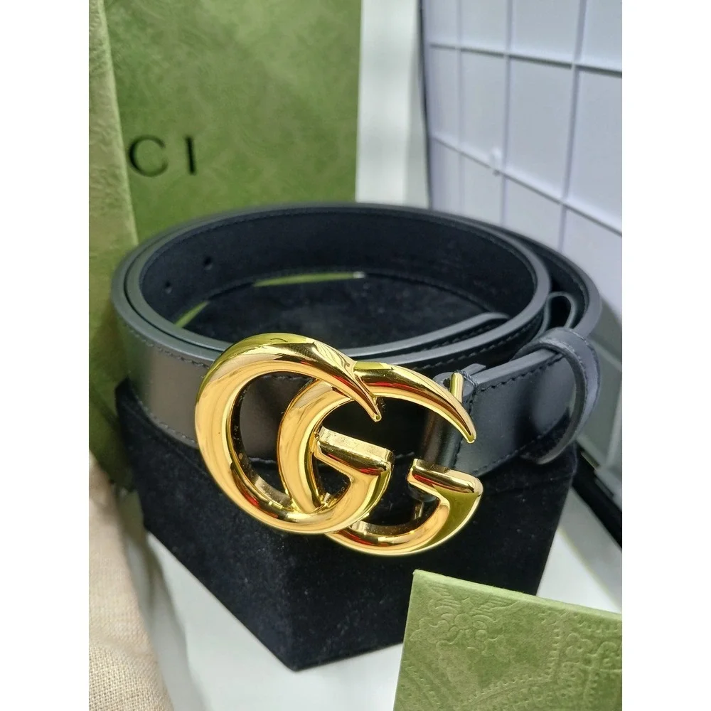 NEW GUCCI Marmont‎ Belt Double G Shiny Buckle Size 75 Black Leather Authentic
